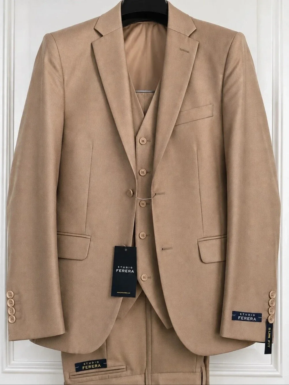 Men's Tan Three-Piece Suit - Tailored Wool-Blend